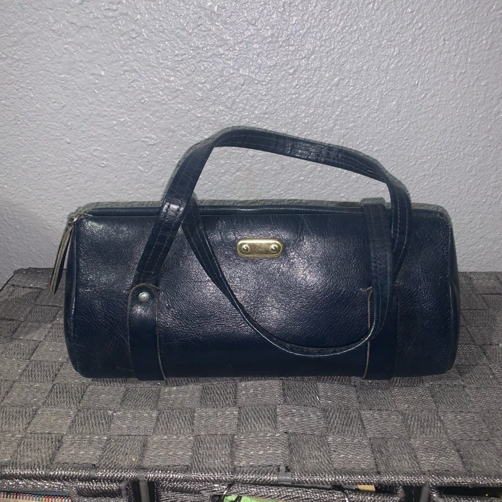 Vintage Navy Blue Leather Barrel Bag